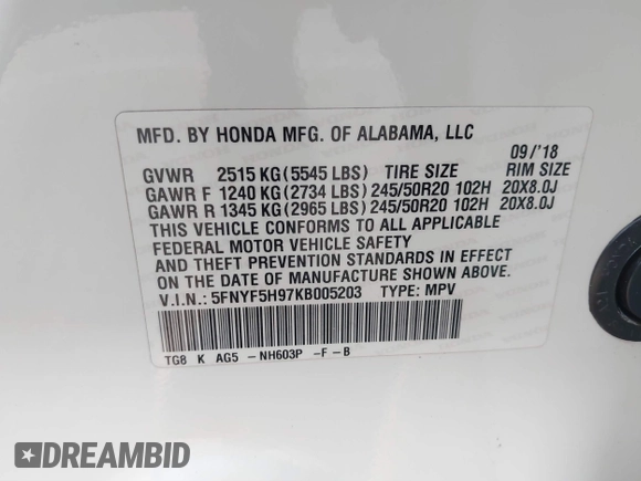 2019 Honda Pilot Touring 8-Passenger with VIN 5FNYF5H97KB005203, listed as a IAAI auction lot 41399930 with 47,267 mi miles and . Bid and sale history available at DreamBid. Image 9.