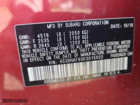 2019 Subaru Legacy Premium with VIN 4S3BNAF6XK3015022, listed as a Copart auction lot 49858695 with 119317 miles and Clean Title. Bid and sale history available at carsss.com. Image 10.