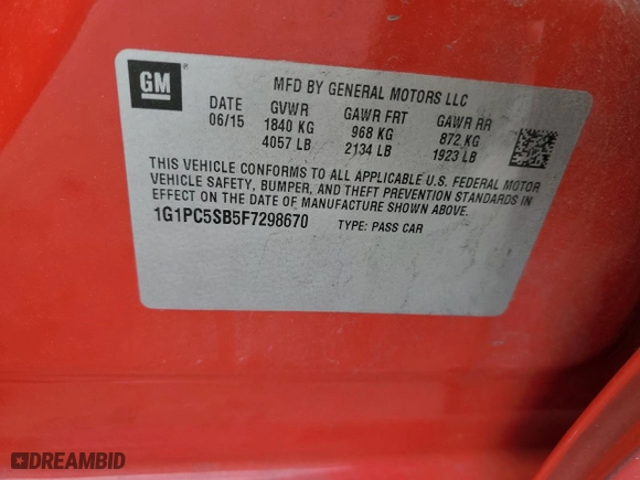 2015 Chevrolet Cruze LT with VIN 1G1PC5SB5F7298670, listed as a Copart auction lot 51133535 with 142,189 mi miles and Salvage Title. Bid and sale history available at carsss.com. Image 14.