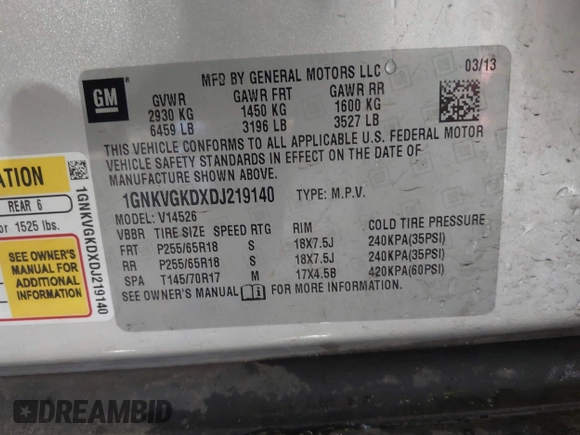 2013 Chevrolet Traverse LT with VIN 1GNKVGKDXDJ219140, listed as a IAAI auction lot 41702625 with 223,440 mi miles and . Bid and sale history available at DreamBid. Image 9.