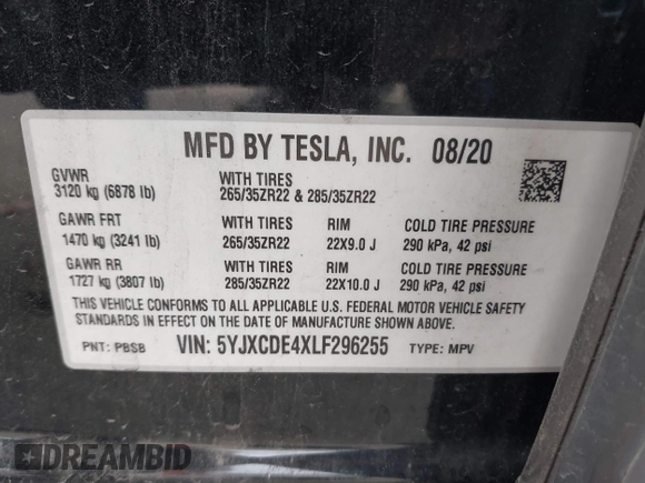 2020 Tesla Model X P90D with VIN 5YJXCDE4XLF296255, listed as a IAAI auction lot 42087953 with 45,411 mi miles. Bid and sale history available at carsss.com. Image 9.
