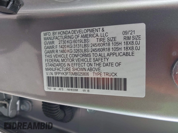2021 Honda Ridgeline RTL-E с VIN 5FPYK3F70MB025806, выставлен на аукционе IAAI как лот 42311667 с пробегом 30 143 миль миль и . История ставок и продаж доступна на DreamBid. Изображение 9.