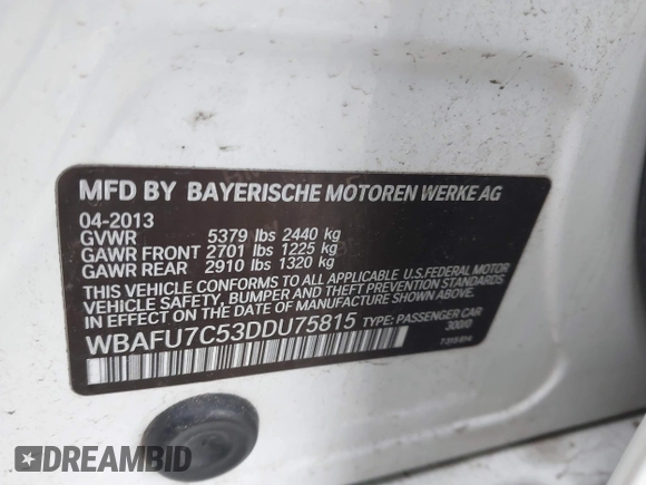 2013 BMW 5 Series 535i xDrive with VIN WBAFU7C53DDU75815, listed as a IAAI auction lot 41881724 with 46,242 mi miles and . Bid and sale history available at carsss.com. Image 9.