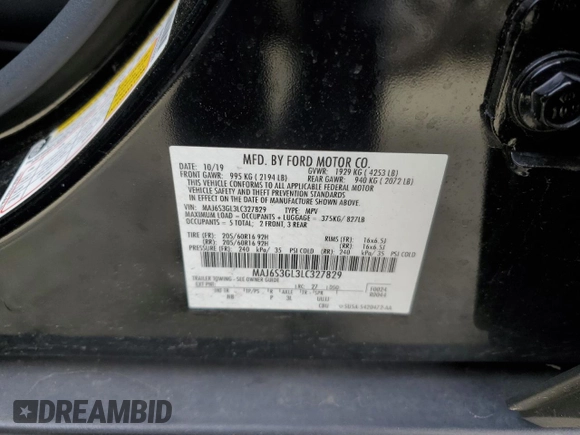 2020 Ford EcoSport SE with VIN MAJ6S3GL3LC327829, listed as a Copart auction lot 49711485 with 42,396 mi miles and Salvage Title. Bid and sale history available at carsss.com. Image 13.