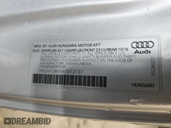 2004 Audi TT with VIN TRUWF28N541012137, listed as a Copart auction lot 45521185 with 37,480 mi miles and Salvage Title. Bid and sale history available at carsss.com. Image 12.