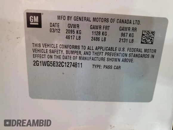 2012 Chevrolet Impala LT Fleet with VIN 2G1WG5E32C1274811, listed as a Copart auction lot 54977515 with 201,385 mi miles and Clean Title. Bid and sale history available at DreamBid. Image 12.