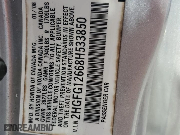 2008 Honda Civic Cpe LX with VIN 2HGFG12668H533850, listed as a Copart auction lot 53074755 with 106,093 mi miles and Salvage Title. Bid and sale history available at carsss.com. Image 12.