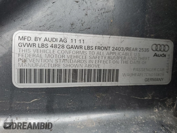 2012 Audi A4 Premium Plus с VIN WAUHFAFL7CN014829, выставлен на аукционе Copart как лот 57754855 с пробегом Не указан миль и Списание • Salvage title. История ставок и продаж доступна на DreamBid. Изображение 12.