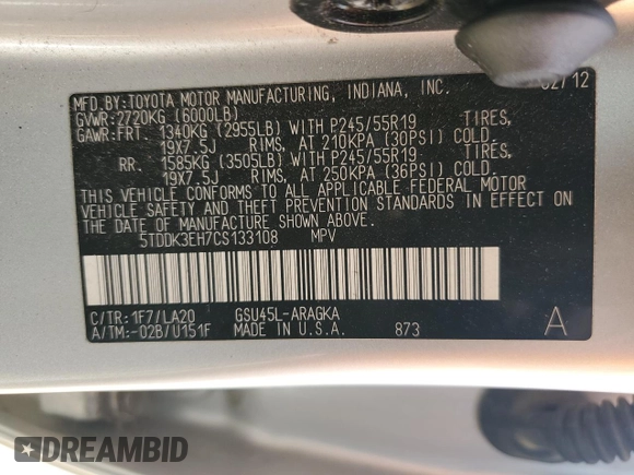2012 Toyota Highlander Limited with VIN 5TDDK3EH7CS133108, listed as a Copart auction lot 60287995 with 201,779 mi miles and Salvage title. Bid and sale history available at DreamBid. Image 12.