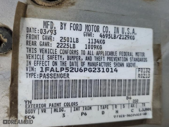 1993 Ford Taurus GL with VIN 1FALP52U6PG231014, listed as a Copart auction lot 69260814 with 156,668 mi miles and Salvage Title. Bid and sale history available at carsss.com. Image 12.