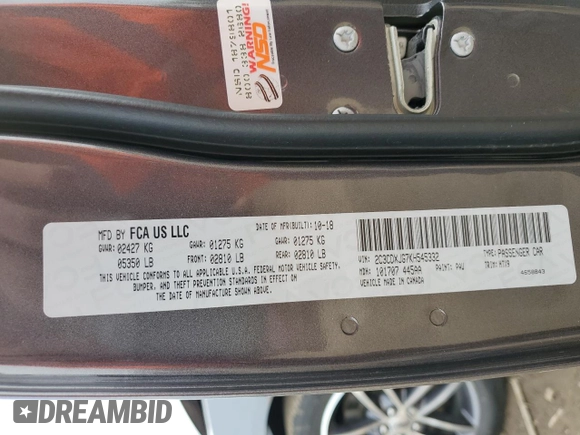 2019 Dodge Charger SXT with VIN 2C3CDXJG7KH545332, listed as a Copart auction lot 50178335 with 37,742 mi miles and Salvage Title. Bid and sale history available at DreamBid. Image 14.