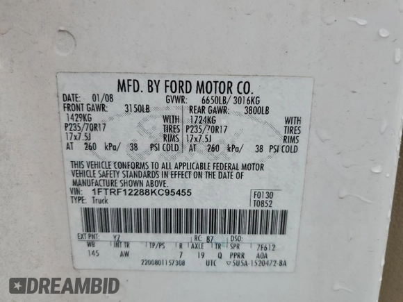 2008 Ford F-150 XL with VIN 1FTRF12288KC95455, listed as a Copart auction lot 44368035 with 167,288 mi miles and Clean title. Bid and sale history available at DreamBid. Image 12.