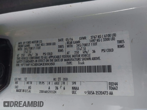 2016 Ford F-150 XL with VIN 1FTMF1C85GKE69350, listed as a IAAI auction lot 41690906 with 162,338 mi miles. Bid and sale history available at carsss.com. Image 9.