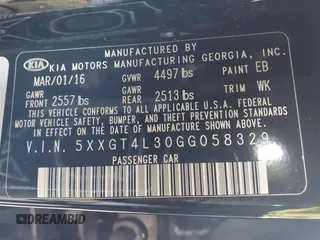 2016 Kia Optima LX with VIN 5XXGT4L30GG058329, listed as a IAAI auction lot 41914961 with 93,879 mi miles. Bid and sale history available at carsss.com. Image 9.