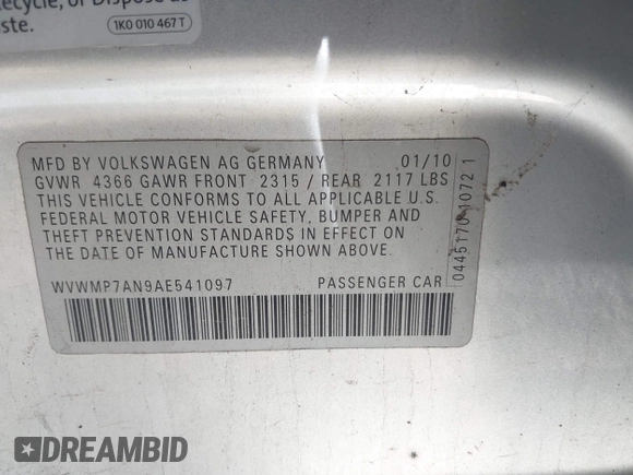 2010 Volkswagen CC Sport with VIN WVWMP7AN9AE541097, listed as a IAAI auction lot 42196803 with 151,297 mi miles and . Bid and sale history available at DreamBid. Image 9.