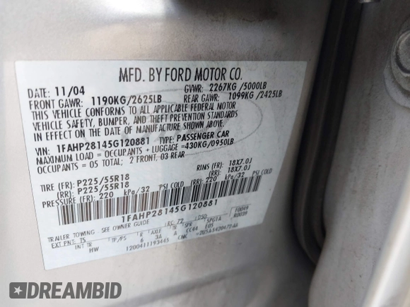 2005 Ford Five Hundred Limited with VIN 1FAHP28145G120881, listed as a IAAI auction lot 42814490 with Not provided miles and . Bid and sale history available at DreamBid. Image 9.