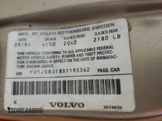 1995 Volvo 900 z VIN YV1JS8318S1193362, wystawiony jako Copart lot #79421424 z przebiegiem 38 881 mil mil oraz Tytuł czysty. Historia ofert i sprzedaży dostępna na DreamBid. Obrazek 12.