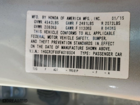 2015 Honda Accord Sedan EX-L with VIN 1HGCR3F8XFA016504, listed as a Copart auction lot 52869455 with 133,656 mi miles and Non Repairable. Bid and sale history available at carsss.com. Image 12.