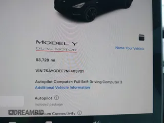 2022 Tesla Model Y Performance with VIN 7SAYGDEF7NF403701, listed as a IAAI auction lot 41961532 with 83,728 mi miles and . Bid and sale history available at DreamBid. Image 7.