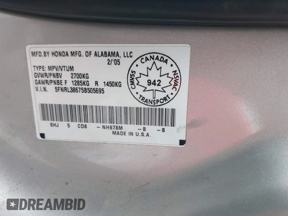 2005 Honda Odyssey EX-L with VIN 5FNRL38675B505695, listed as a IAAI auction lot 40931430 with 337,403 mi miles. Bid and sale history available at carsss.com. Image 9.