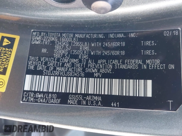 2018 Toyota Highlander SE with VIN 5TDJZRFH3JS834516, listed as a IAAI auction lot 41670880 with 81,274 mi miles and . Bid and sale history available at DreamBid. Image 9.