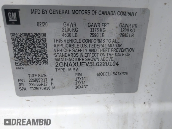 2020 Chevrolet Equinox LT with VIN 2GNAXUEV5L6220104, listed as a IAAI auction lot 42016377 with 66,700 mi miles and . Bid and sale history available at DreamBid. Image 9.