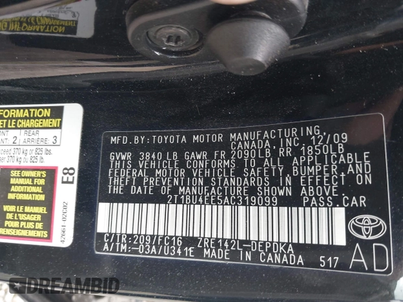 2010 Toyota Corolla with VIN 2T1BU4EE5AC319099, listed as a IAAI auction lot 42552305 with 169,420 mi miles and . Bid and sale history available at DreamBid. Image 9.