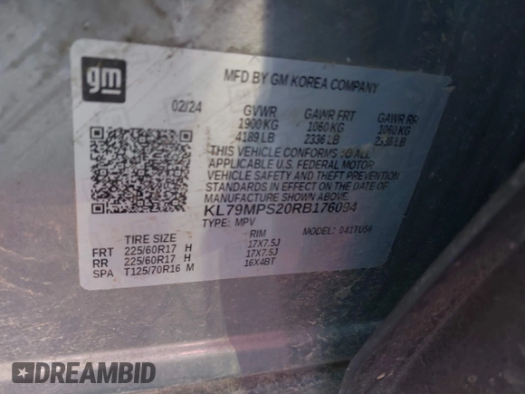 2024 Chevrolet TrailBlazer LT with VIN KL79MPS20RB176094, listed as a IAAI auction lot 41805580 with 12,571 mi miles. Bid and sale history available at carsss.com. Image 9.