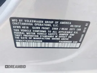 2016 Volkswagen Passat S with VIN 1VWAT7A33GC040009, listed as a IAAI auction lot 42582361 with 91,961 mi miles and . Bid and sale history available at DreamBid. Image 9.