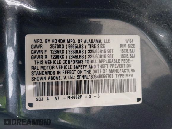 2004 Honda Odyssey EX-L with VIN 5FNRL18064B066763, listed as a IAAI auction lot 42588622 with 499,993 mi miles and . Bid and sale history available at DreamBid. Image 9.