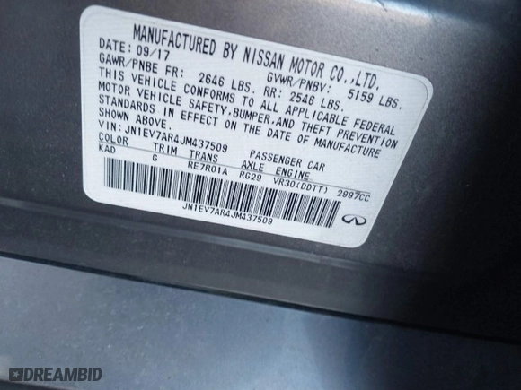 2018 Infiniti Q50 3.0t SPORT with VIN JN1EV7AR4JM437509, listed as a IAAI auction lot 41856195 with 127,473 mi miles. Bid and sale history available at carsss.com. Image 9.