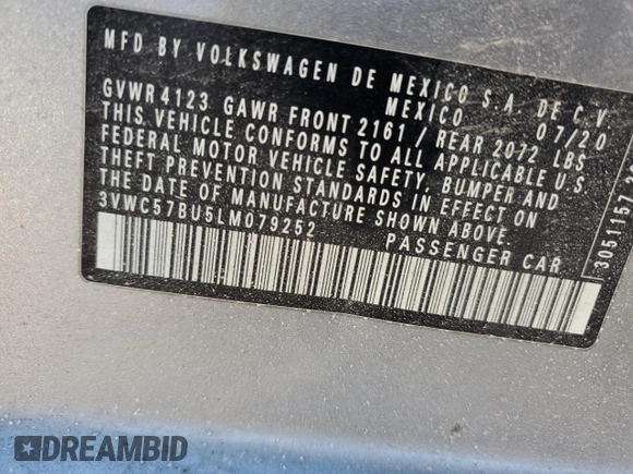 2020 Volkswagen Jetta S with VIN 3VWC57BU5LM079252, listed as a Copart auction lot 46247955 with 41,122 mi miles and Salvage title. Bid and sale history available at DreamBid. Image 12.