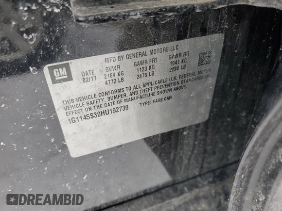 2017 Chevrolet Impala Premier with VIN 1G1145S30HU192739, listed as a Copart auction lot 44227705 with 222,215 mi miles and Salvage Title. Bid and sale history available at DreamBid. Image 13.