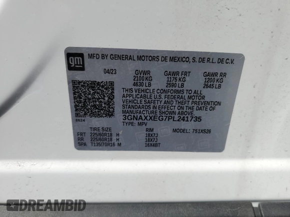2023 Chevrolet Equinox Premier z VIN 3GNAXXEG7PL241735, wystawiony jako Copart lot #56639855 z przebiegiem 57 654 mil mil oraz Szkoda całkowita • Salvage title. Historia ofert i sprzedaży dostępna na DreamBid. Obrazek 13.