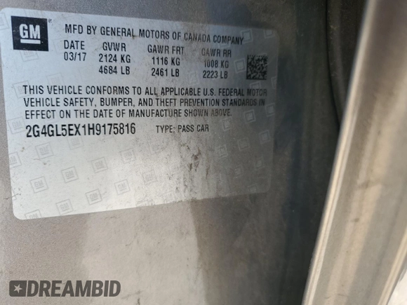 2017 Buick Regal Sport Touring with VIN 2G4GL5EX1H9175816, listed as a Copart auction lot 52460045 with 107,788 mi miles and Salvage title. Bid and sale history available at DreamBid. Image 12.