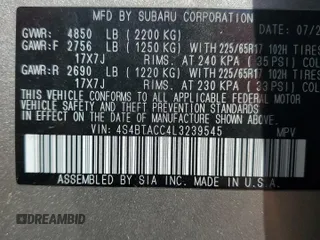 2020 Subaru Outback Premium with VIN 4S4BTACC4L3239545, listed as a Copart auction lot 56950495 with Not provided miles and Salvage title. Bid and sale history available at DreamBid. Image 14.