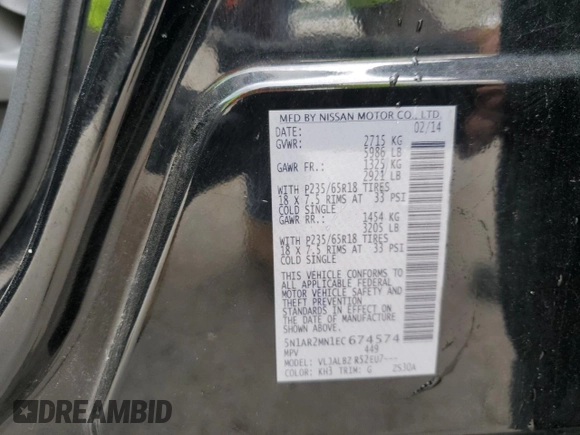 2014 Nissan Pathfinder S with VIN 5N1AR2MN1EC674574, listed as a Copart auction lot 56566035 with 183,977 mi miles and Salvage title. Bid and sale history available at DreamBid. Image 13.