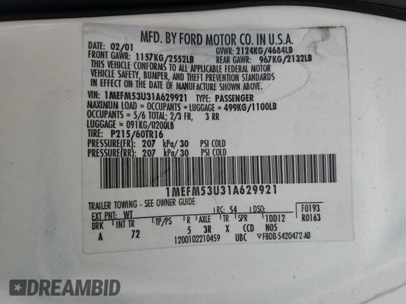 2001 Mercury Sable with VIN 1MEFM53U31A629921, listed as a Copart auction lot 77173754 with 122,769 mi miles and Salvage title. Bid and sale history available at DreamBid. Image 12.