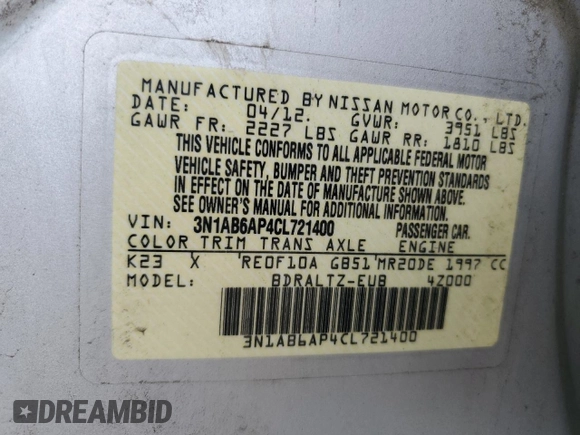 2012 Nissan Sentra S with VIN 3N1AB6AP4CL721400, listed as a Copart auction lot 61196185 with 129,776 mi miles and Salvage title. Bid and sale history available at DreamBid. Image 13.