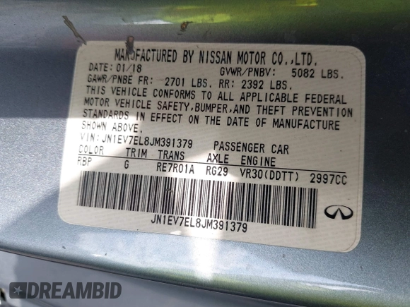 2018 Infiniti Q60 Luxe with VIN JN1EV7EL8JM391379, listed as a IAAI auction lot 41472370 with Not Provided miles and . Bid and sale history available at carsss.com. Image 9.