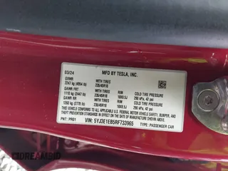 2024 Tesla Model 3 Long Range with VIN 5YJ3E1EB5RF733965, listed as a IAAI auction lot 41613919 with 11,570 mi miles and . Bid and sale history available at DreamBid. Image 9.
