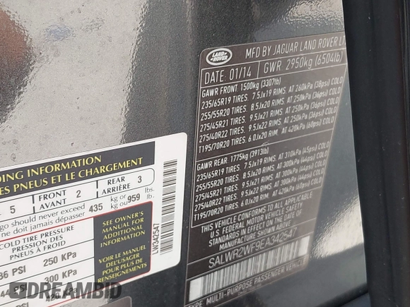 2014 Land Rover Range Rover Sport HSE with VIN SALWR2WF9EA342547, listed as a IAAI auction lot 42388453 with 94,036 mi miles and . Bid and sale history available at DreamBid. Image 9.