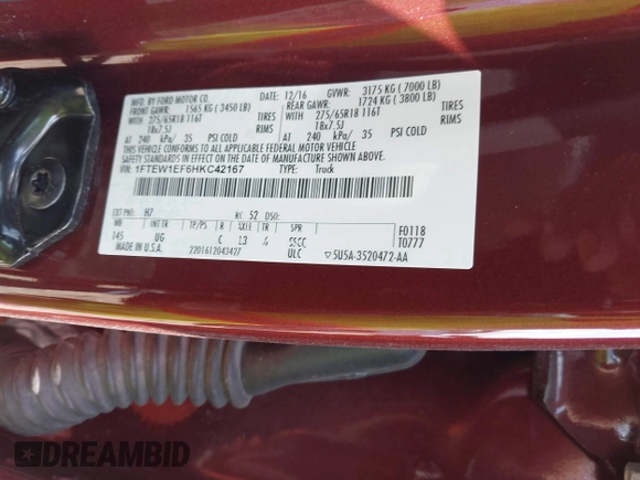 2017 Ford F-150 XL with VIN 1FTEW1EF6HKC42167, listed as a IAAI auction lot 42320724 with 108,639 mi miles and . Bid and sale history available at DreamBid. Image 9.