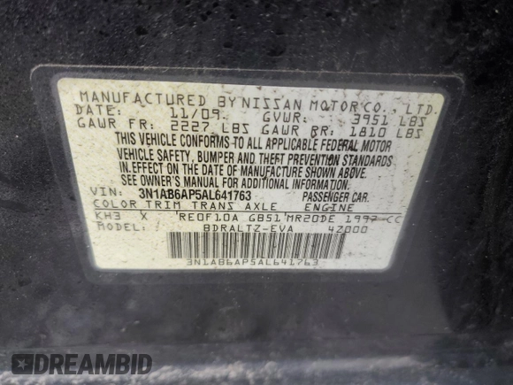 2010 Nissan Sentra S with VIN 3N1AB6AP5AL641763, listed as a Copart auction lot 49547565 with Not Provided miles and Clean Title. Bid and sale history available at carsss.com. Image 12.
