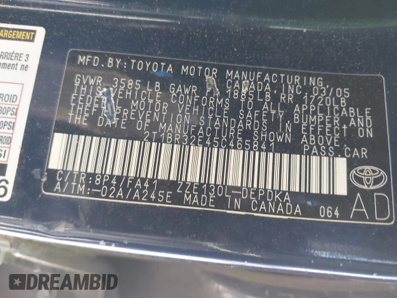 2005 Toyota Corolla CE with VIN 2T1BR32E45C465841, listed as a IAAI auction lot 42101951 with 179,678 mi miles and . Bid and sale history available at DreamBid. Image 9.