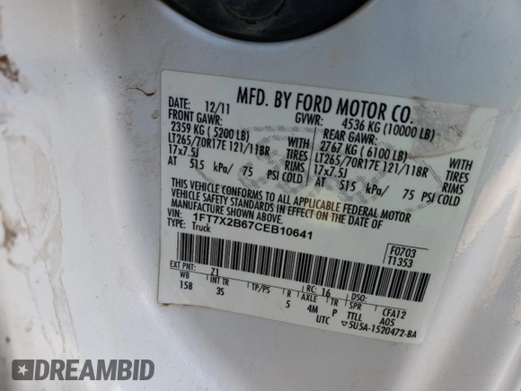 2012 Ford F-250 XL с VIN 1FT7X2B67CEB10641, выставлен на аукционе Copart как лот 85879484 с пробегом Не указан миль и Списание • Salvage title. История ставок и продаж доступна на DreamBid. Изображение 12.