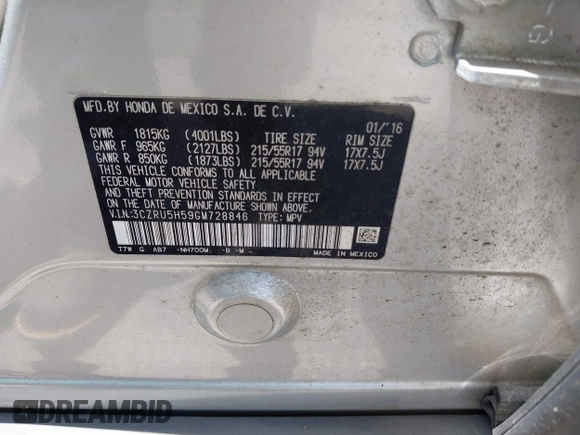 2016 Honda HR-V EX with VIN 3CZRU5H59GM728846, listed as a IAAI auction lot 42105674 with 94,217 mi miles. Bid and sale history available at carsss.com. Image 9.