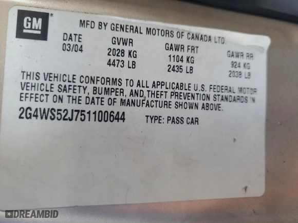 2005 Buick Century Custom with VIN 2G4WS52J751100644, listed as a Copart auction lot 47637615 with 136,020 mi miles and Salvage Title. Bid and sale history available at carsss.com. Image 14.