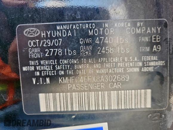 2008 Hyundai Azera Limited with VIN KMHFC46FX8A302689, listed as a Copart auction lot 61566085 with 162,715 mi miles and Clean title. Bid and sale history available at DreamBid. Image 12.