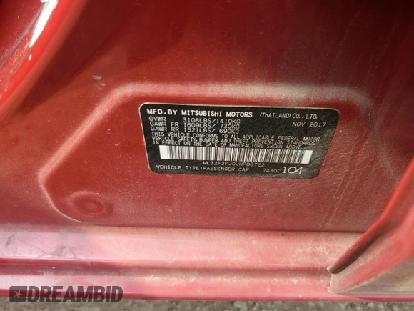 2018 Mitsubishi Mirage ES с VIN ML32F3FJ0JHF06722, выставлен на аукционе Copart как лот 58586635 с пробегом Не указан миль и Списание • Salvage title. История ставок и продаж доступна на DreamBid. Изображение 12.